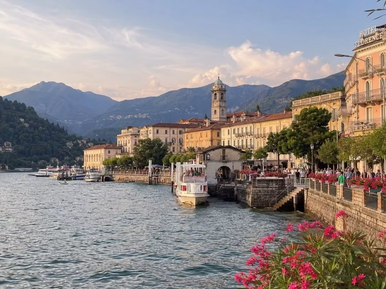 A scenic view of Como, Italy, showing Lake Como with boats, pastel waterfront buildings, a church tower, flower-lined promenade, pedestrians, and green mountains in the background.