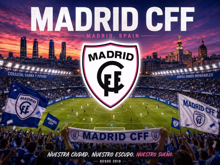 Player Pathway 17 Promotional stadium scene for Madrid CFF in Madrid, Spain, showing the embedded club logo above the pitch, blue-and-white supporters, flags, packed stands, city skyline, floodlights, and a dramatic sunset sky.
