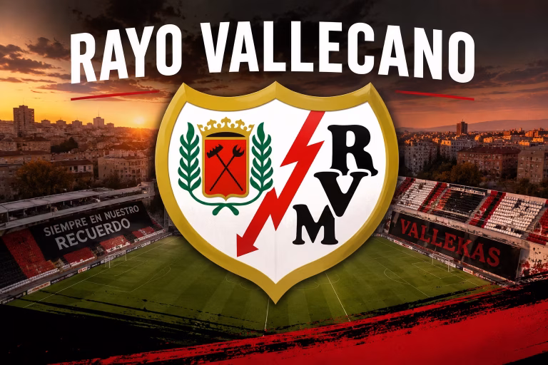 Player Pathway 18 Promotional stadium poster for Rayo Vallecano in Madrid, Spain, featuring the embedded club crest, red-and-white stadium seating, football pitch, city skyline, dark sunset sky, and bold Rayo Vallecano branding.