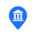 Blue location pin icon with a white classical landmark building inside, representing city and cultural experiences.